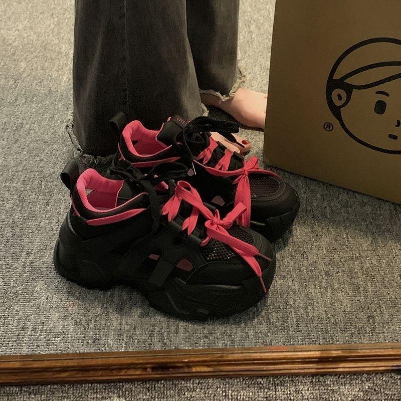 Trendy Dad Shoes Women 2024 New Hollow Out Breathable Versatile Lightweight Thick Soled Casual Sports Vulcanized Shoes Sneakers