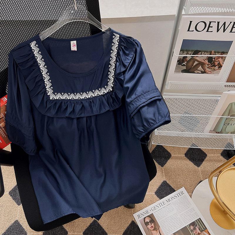 2026 Summer Women s Plus Size Stylish Age-Defying Loose Short-Sleeve Shirt 4XL темно-синий