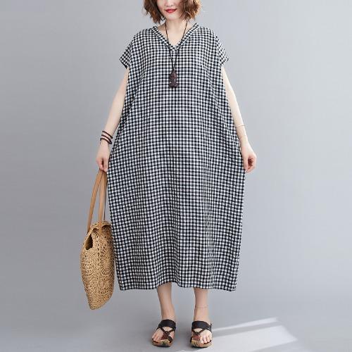 

Летнее новое ретро платье из стиранного хлопка и льна в клетку с V-образным вырезом, свободного кроя, большого размера, с коротким рукавом для женщин L