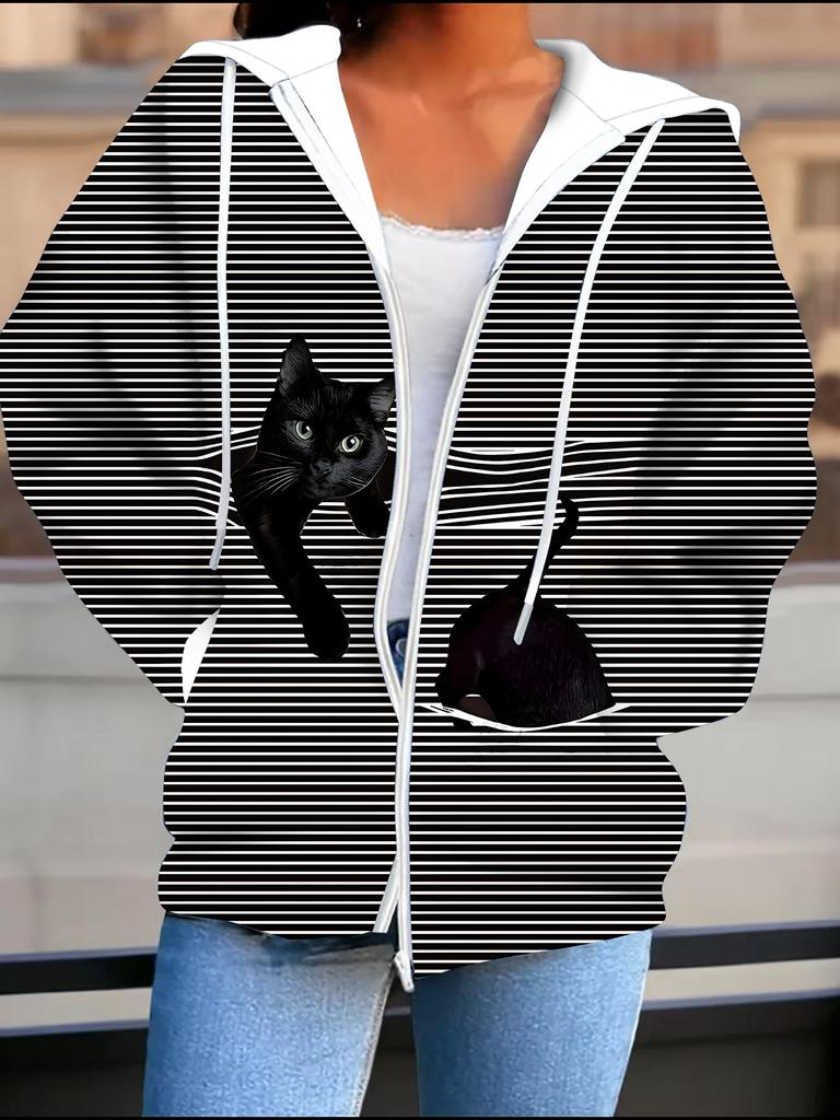 Flower 3D Printed Hooded Cardigan Plus Size Autumn Winter Retro