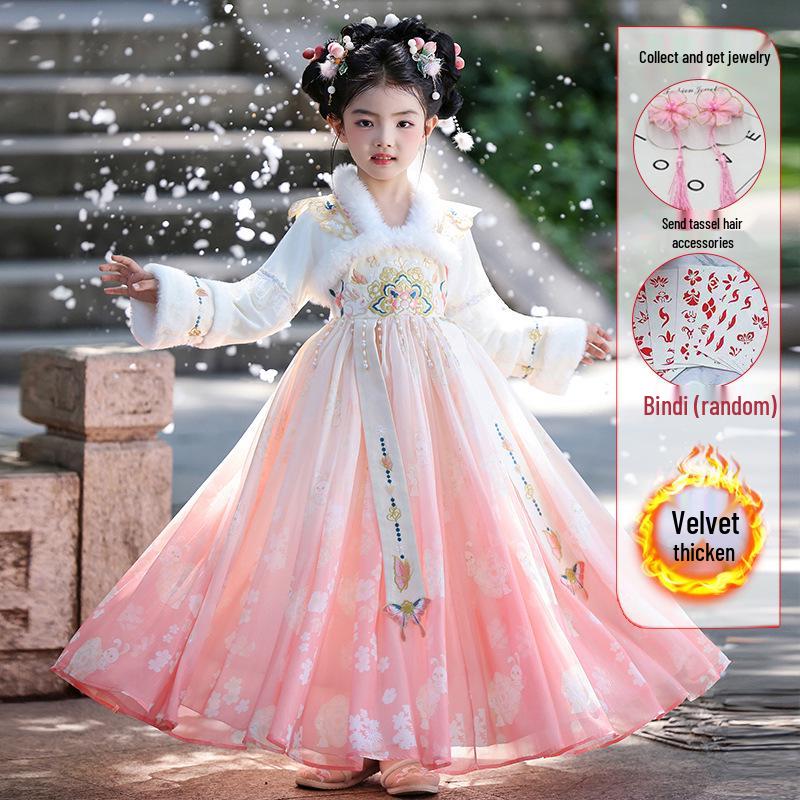 

Girls Winter Hanfu: Plus Velvet New Year Tang Suit - Thickened Ancient Chinese Costume for Children 120 cm