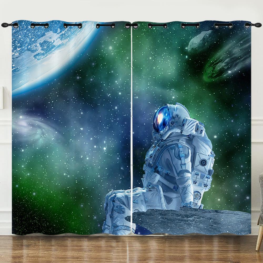 Curtains Starry Sky Astronaut Digital Printed Curtains Blackout Punched Bedroom
