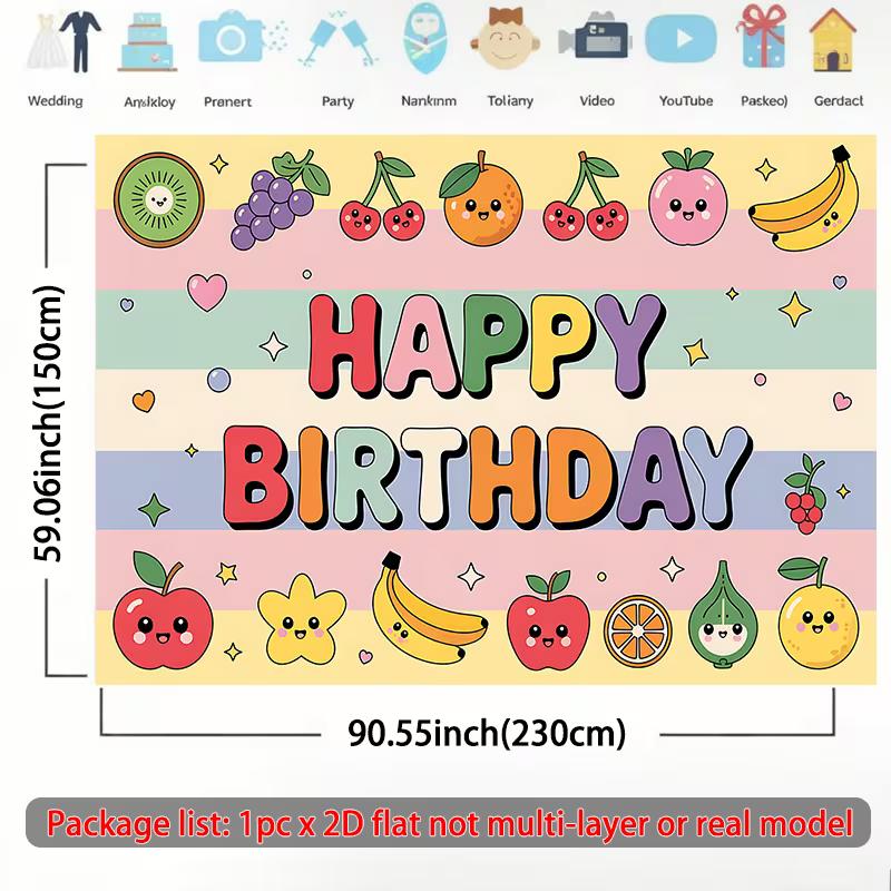 2D Cute Fruit Happy Birthday Backdrop Rainbow Stripes Photography Background for Kids
