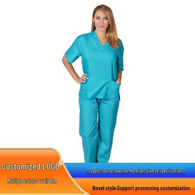 Conjunto de Uniforme de Maternidad de Color Sólido con Cuello en V Estilo Europeo y Americano para Mujer - Dos Piezas Protectoras con Bolsillos