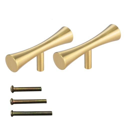 Lemfema Brass Handles, 2-Pack, Door Handles with 3 Types of Screws, Drawer Handle Pulls, Cabinet, Cupboard, Kitchen Door Knobs, T-Shaped Round Bar, Mi