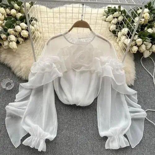 

Необычная блузка с 3D цветами для женщин, рубашки с круглым вырезом и воланами, с длинными пышными рукавами, французский шикарный пуловер, женские топы, дропшиппинг One Size белый