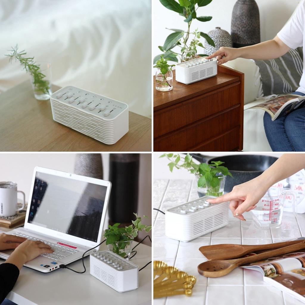 SPICE OF LIFE NS2020WH, a customizable ambient sound speaker for sleep, relaxation, and relaxation. Features a timer, Bluetooth, and USB power.