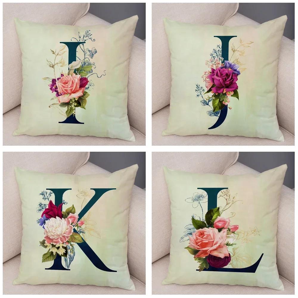 English Flower Beige Letter Print Pillow Case for Sofa Home Decor Floral A-Z Cushion Cover Soft Short Plush Pillowcase 45x45cm
