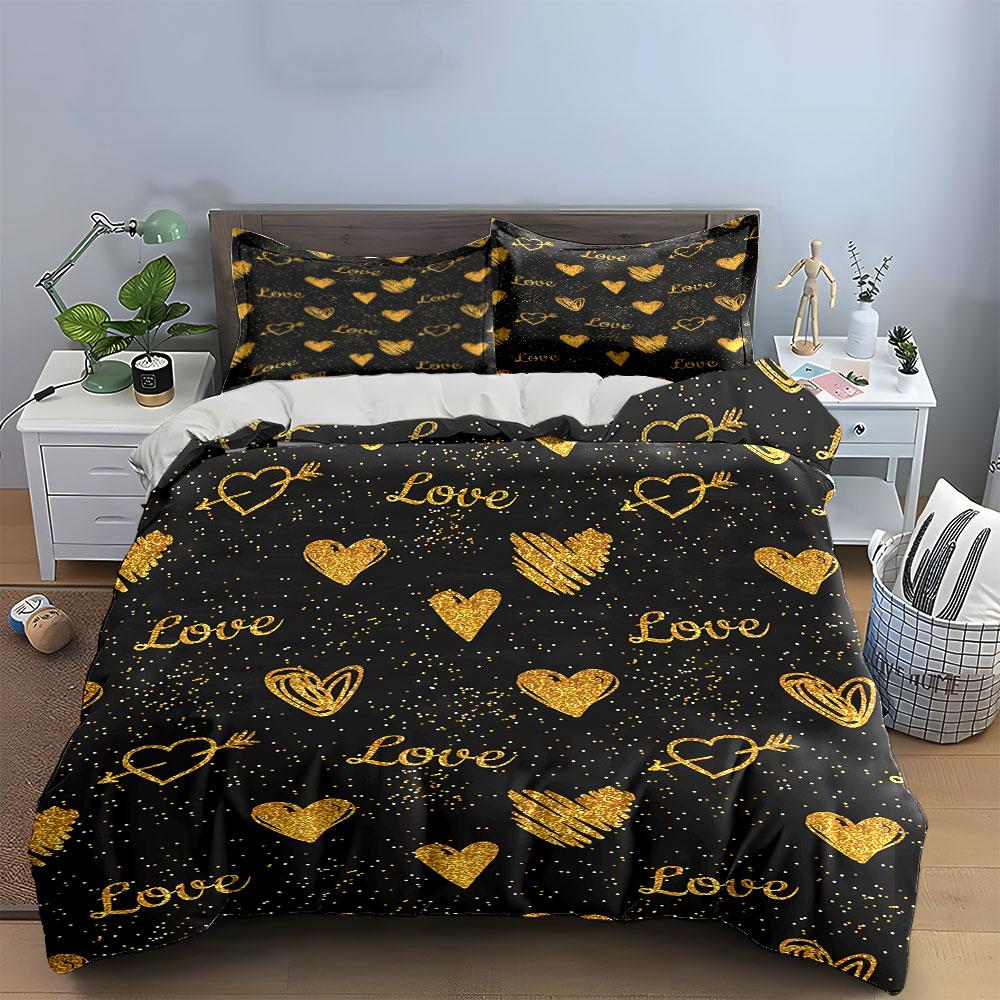Golden Hearts Love Bedding Set Bedding Duvet Cover Set Duvet Cover Pillowcases (1 * Duvet Cover 2 * Pillowcases, without duvet insert)