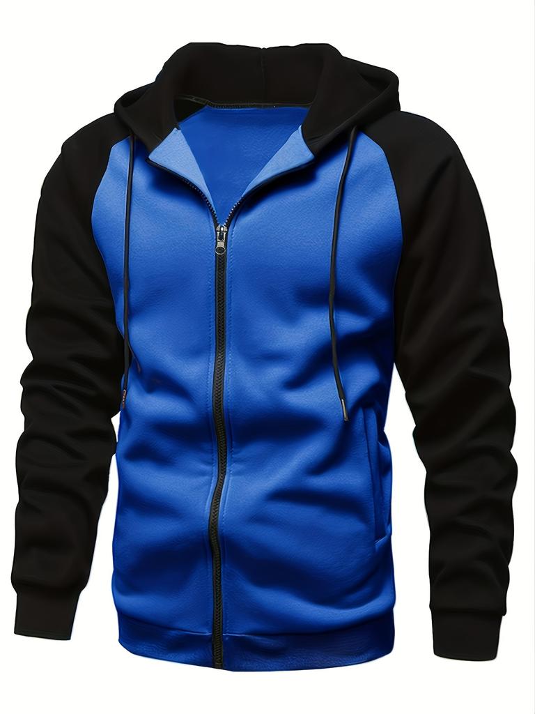 New Men's Zip-Up Color Block Hoodie with Casual Stylish & Durable Fall/Winter Top Raglan Sleeves Hoodies Sweatshirt Male