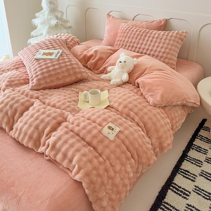 

Solid Color Simple High Gram Heavy Bubble Rabbit Plush Four-Piece Set Autumn and Winter Thickened Fleece Kit Bedding 1.5m sheet 4pcs