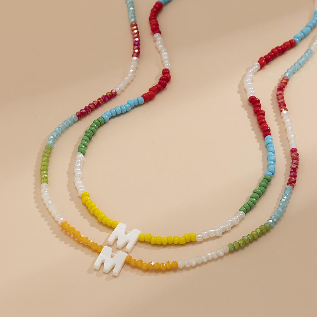 Bohemian Colored Crystal Rice Bead Collarbone Necklace, Simple Peach Heart Pearl Letter Necklace