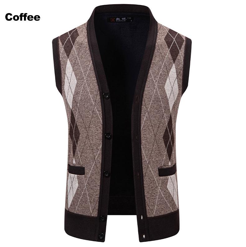 Men's Plaid Knit Cardigan with Velvet Stripes - Loose Casual Poncho Vest for Autumn and Winter
