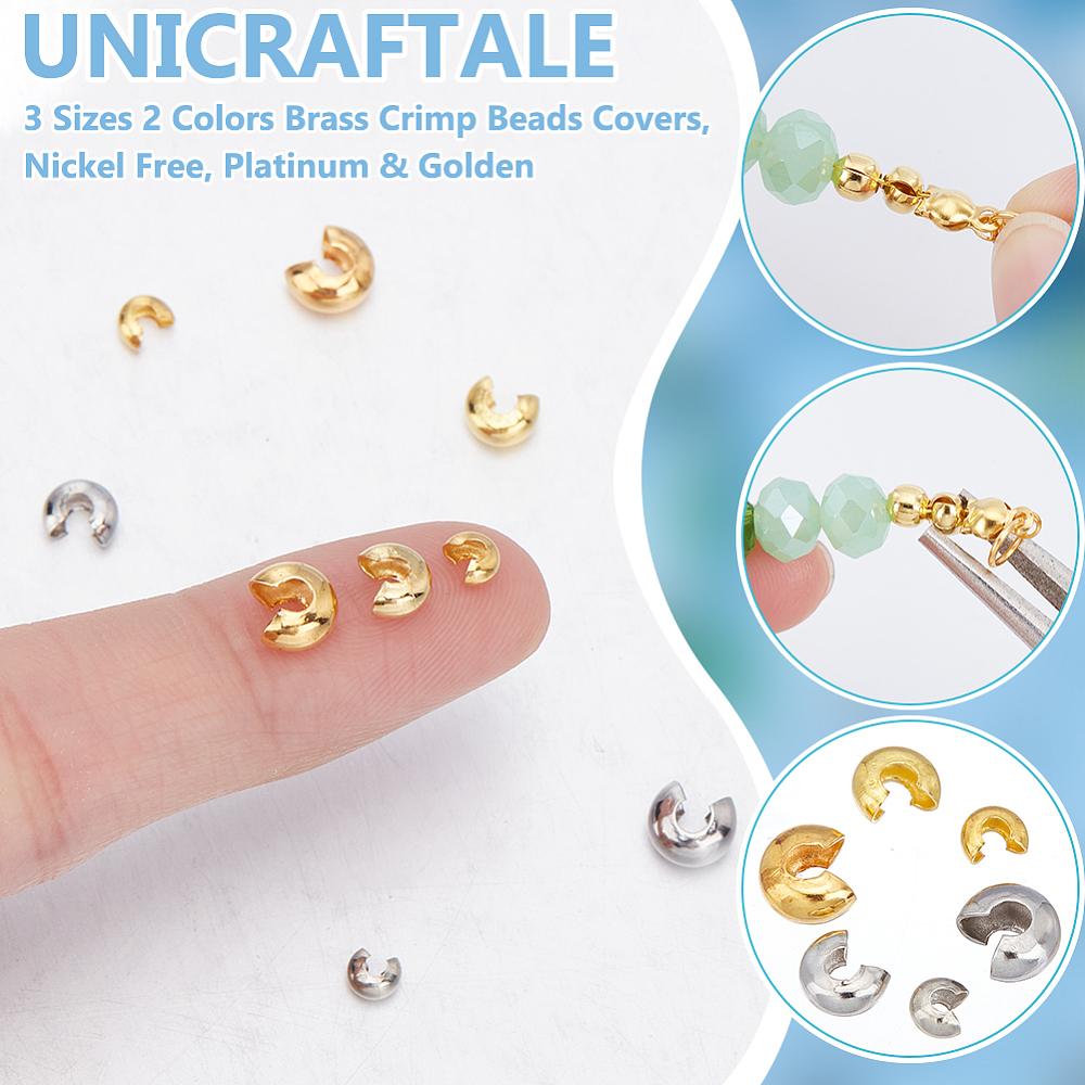 600Pcs 3 Sizes 2 Colors Brass Crimp Beads Covers, Nickel Free, Platinum & Golden, 3~5mm In Diameter, Hole: 1.2~1.8mm, 100pcs/color