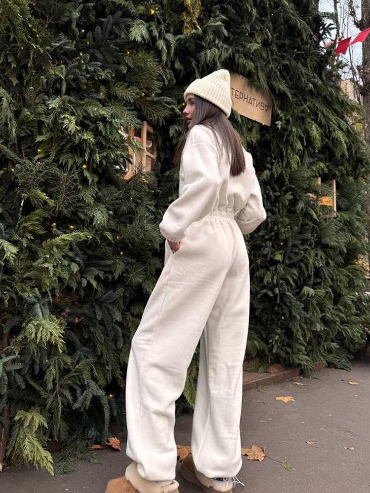 European & American Women's Spring/Autumn Long Sleeve Jumpsuit - Casual Half Open Neck, Elastic Waist Set