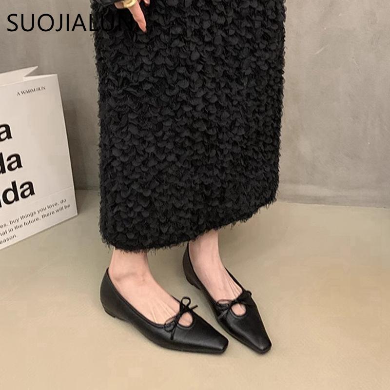 Fashion SUOJIALUN 2025 Spring New Women Flat Shoes Fashion Shallow Slip On Boat Shoes Low Wedge Heel Ladies Elegant Dress Single Shoes