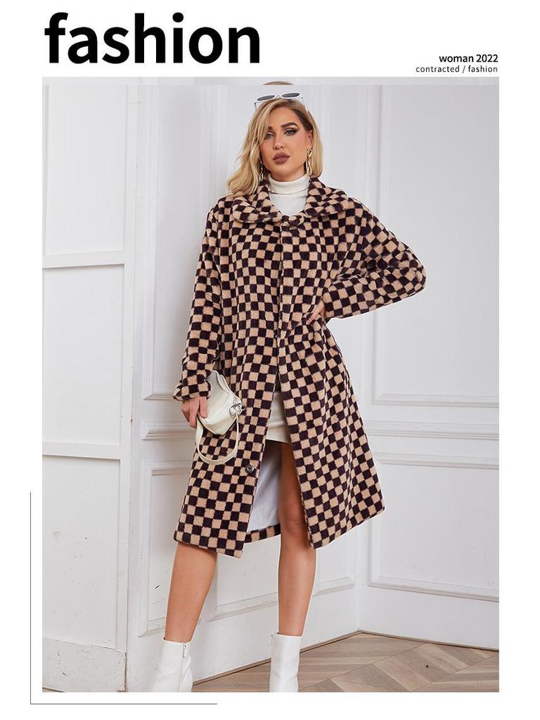 2022 New Women's Mid-Length Plaid Faux Fur Coat