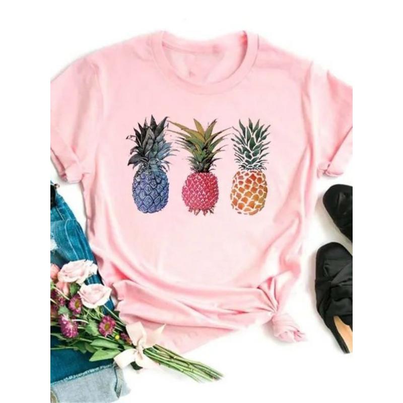 Maycaur Tricou noi pentru femei, Topuri imprimate cu ananas, tricou pentru femei, cu mânecă scurtă, cu decolteu O, tricou pentru femei, cămăși drăguțe de vară