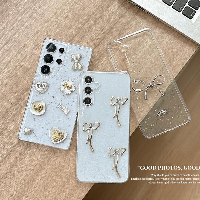 Hollow Bow Glue Transparent Glitter Phone Case for Samsung A14 Love S25 Bow Tie S24 Flower S23