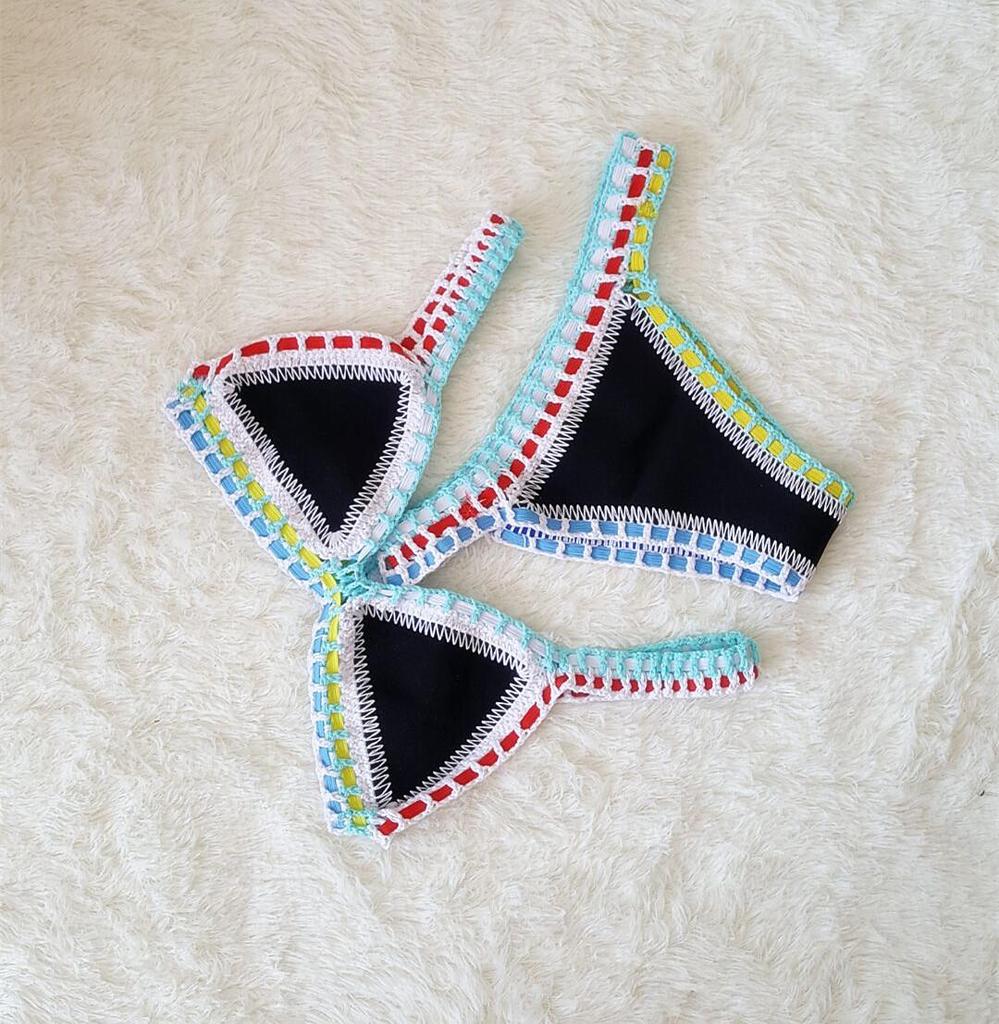 Europäisch-Amerikanisches Häkel-Farbblock-Bikini-Set: Sexy Neopren Strandbademode für Frauen