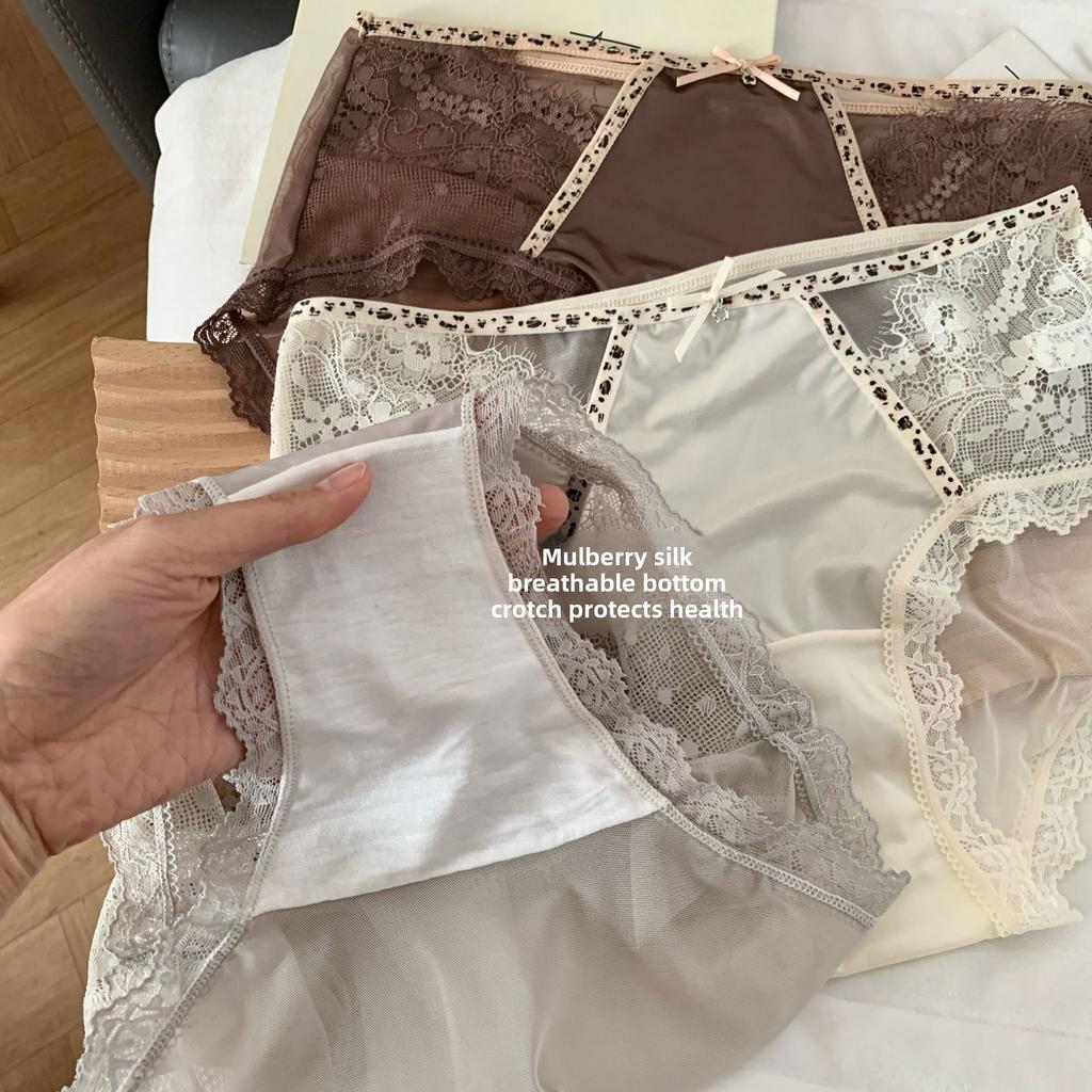 Women's Summer Breathable Lace Light Luxury Satin Mesh Wrap Hip Mid Low Waist Briefs