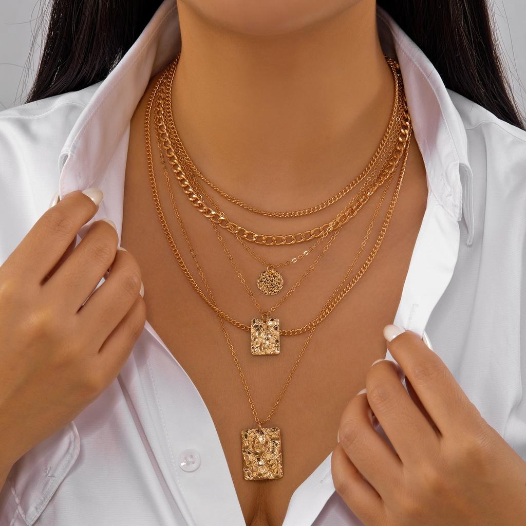 Vintage Gold Color Multi-layer Chain Stacked Necklace For Women Trendy Minimalist Geometric Pendant Necklaces Party Jewelry Gift