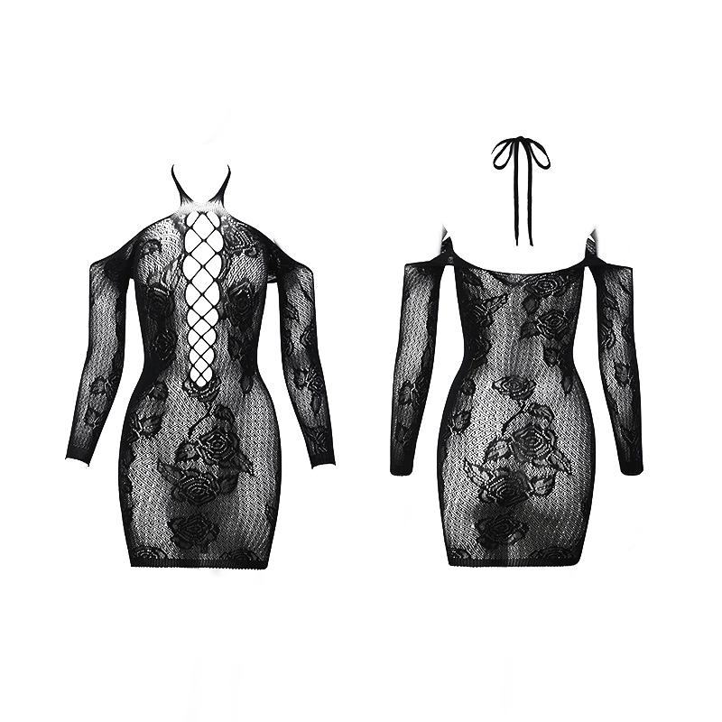 Sexy Lingerie Women Sexy Lace Hollowed-Out Nightgown Transparent Bodycon Dress