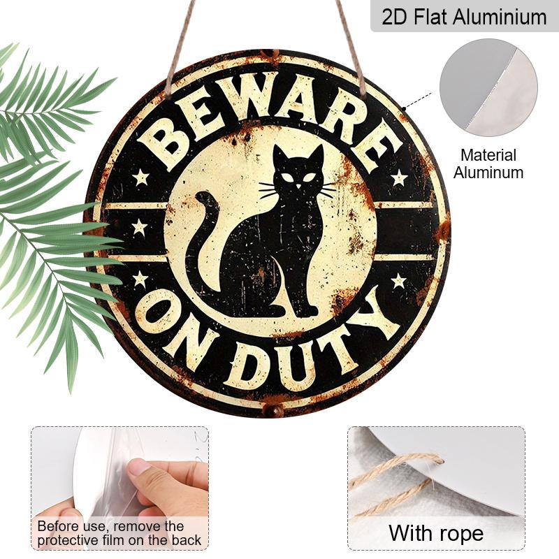 2D Flat 1pc, 8x8 In, Vintage Aluminum Metal Sign - Black Cat "BEWARE ON DUTY" Rustic Wall Decor for Farmhouse, Home, Garage, Bar, Garden & Coffee
