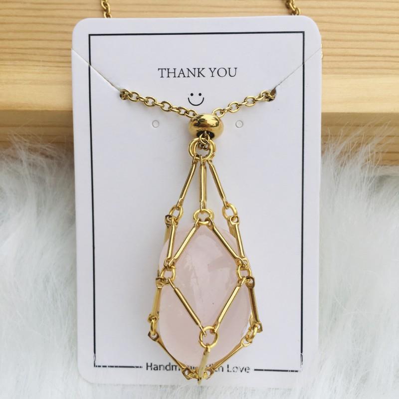 Adjustable Bamboo Link Chain Necklace With Handwoven Crystal Mesh Pendant Natural Gemstone Boho Choker Women Men