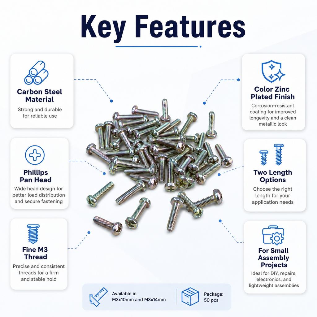 50-100pcs M3Carbon Steel with Zinc Plating Phillips Pan Head Machine Screw Length 10mm 14mm