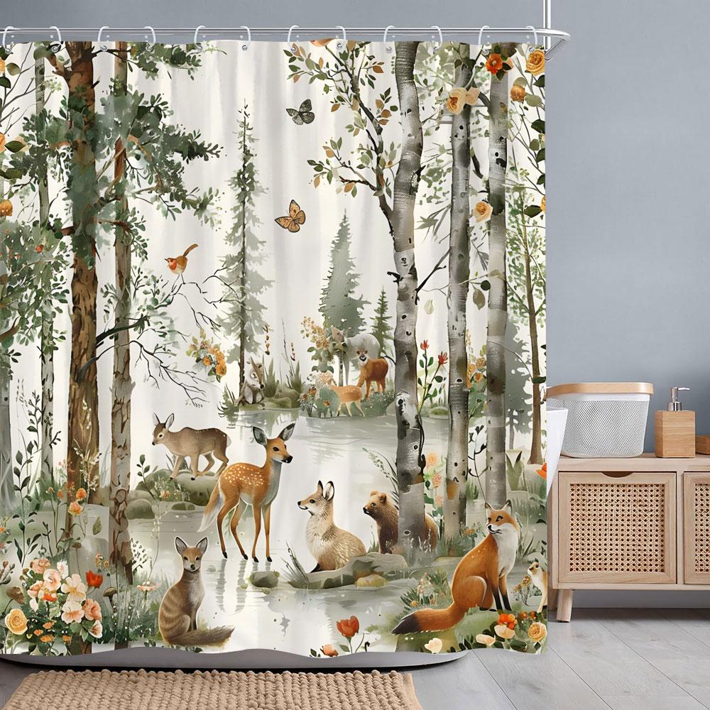 Forest Animals Watercolour Shower Curtain Deer Bear Fox Squirrel Flower Polyester Fabric Bath Curtains Bathroom Decor With Hooks
