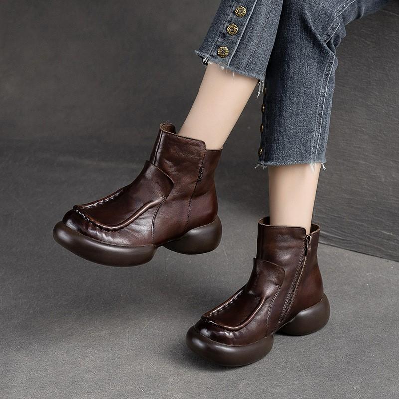 Fashion GKTINOO Round Toe Short Boots 2025 Autumn Winter Warm Genuine Leather Zip Retro Versatile Women Soft Sole Platform Shoes