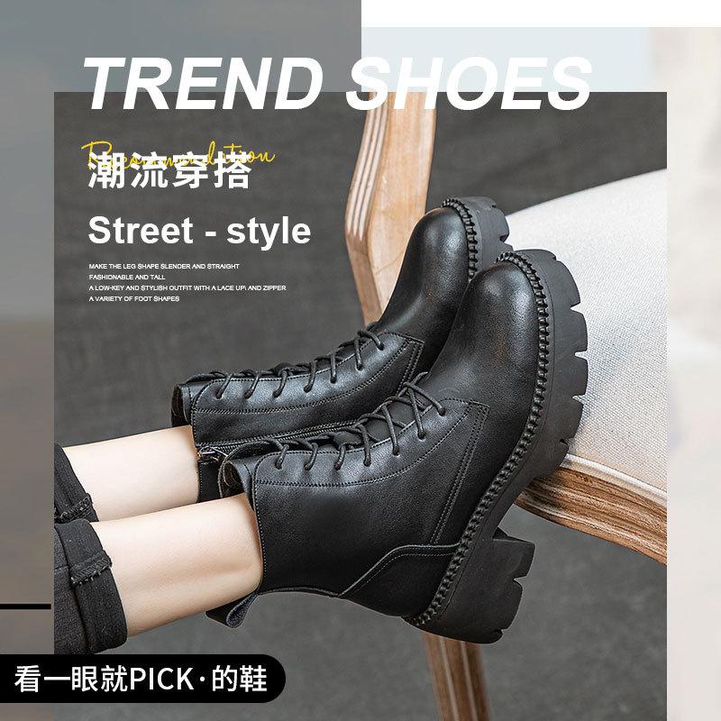 Vintage British Leather Martin Boots Autumn and Winter Thick Heel Fleece Women's Boots Versatile Round Head High Heel Short Boots