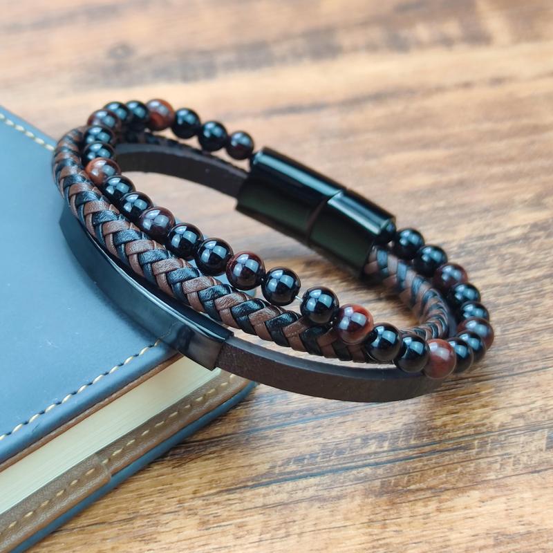 2025 Blue Stone Bracelet Genuine Blue Leather Braided Bracelet Stainless Steel Magnetic Clasp Tiger Eye Bead Bangles Men Jewelry