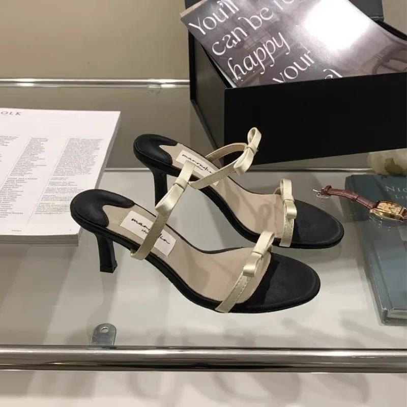 Fashion Shoes Female 2025 Modern Women's Slippers Brand Dress Slippers Women Bow Tie Round Toe Med Thin Heels Plus Size Women's Sandals