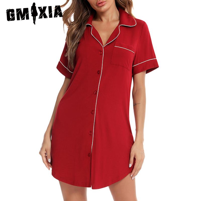 GMXIA Sommer Nachtwäsche Damen Cardigan Locker Lässig Nachthemd Hemdkragen Damen Nachtwäsche