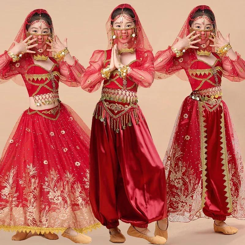 Dziewczynka Sari Księżniczka Kostium do Tańca Brzucha Zestaw Dzieci Indyjska Impreza Występ Sceniczny Kostium Fantazyjny Halloween Kostium Taneczny Bollywood