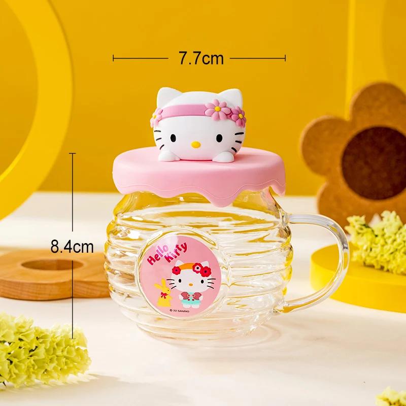For Sanrio Hello Kitty Kuromi Melody Glass Cup Honey Cant-Shaped Water Cup for Kids 420ml Coffee Mug with Cartoon Silicone Lid