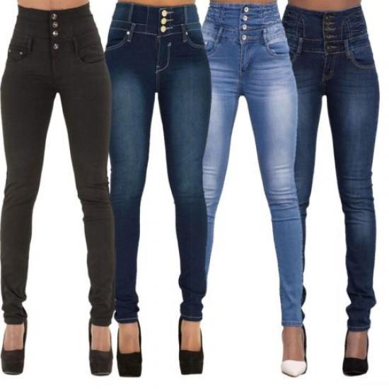 Damen Denim Skinny Ripped Hose Hohe Taille Stretch Jeans Lange Bleistifthose