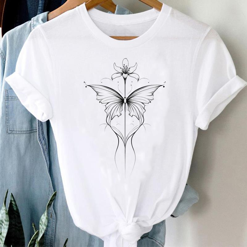 (Asian Size)  Clothing Tee  Sweet Flower Letter 90s Print Lady T Shirt Fashion Women Casual Top Short Sleeve Female Graphic T-shirts