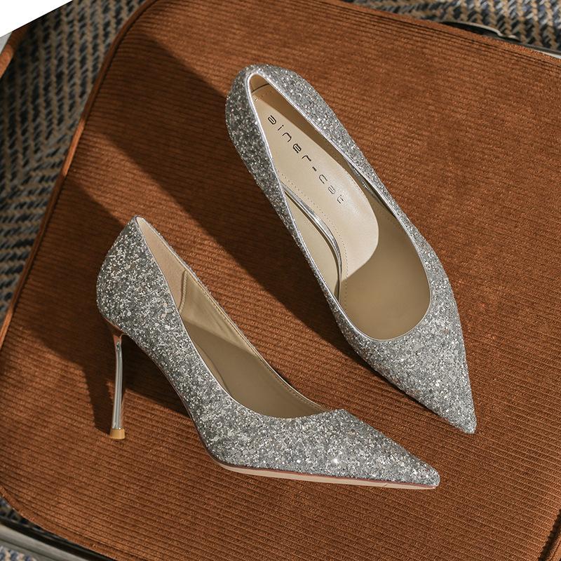 8819 Französische spitze High Heels Damen 2025 neue Kristall Pailletten Hochzeitsschuhe silber Brautjungfer Schuhe Stiletto Schuhe