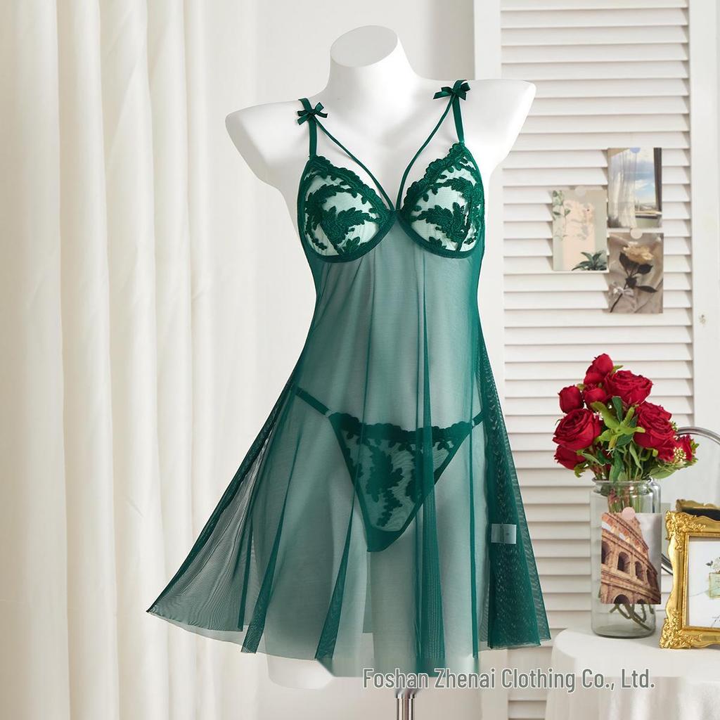 Multi-Color Bow Wheat Ear Embroidered Deep V See-Through Lingerie Set with T-Back