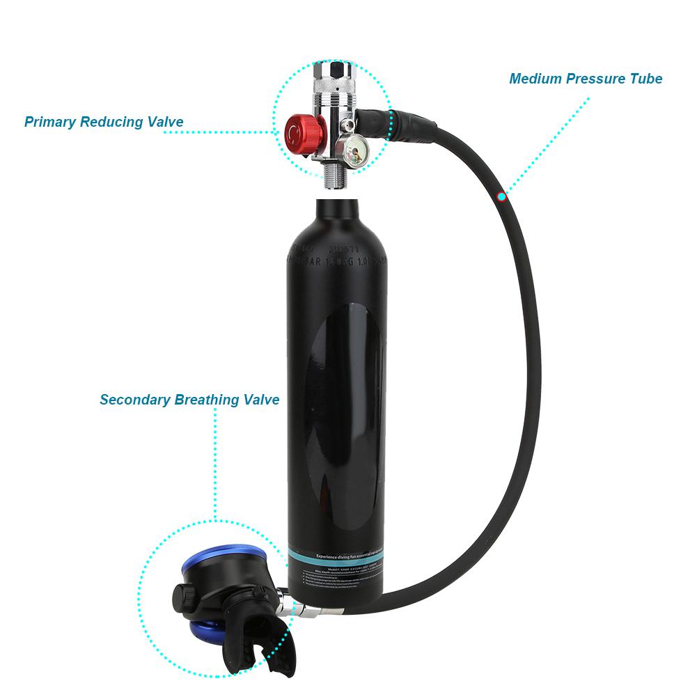 1L Diving Small Cylinder Rebreather with Pure Metal Secondary Breathing Valve Heads Black Diving Equipment