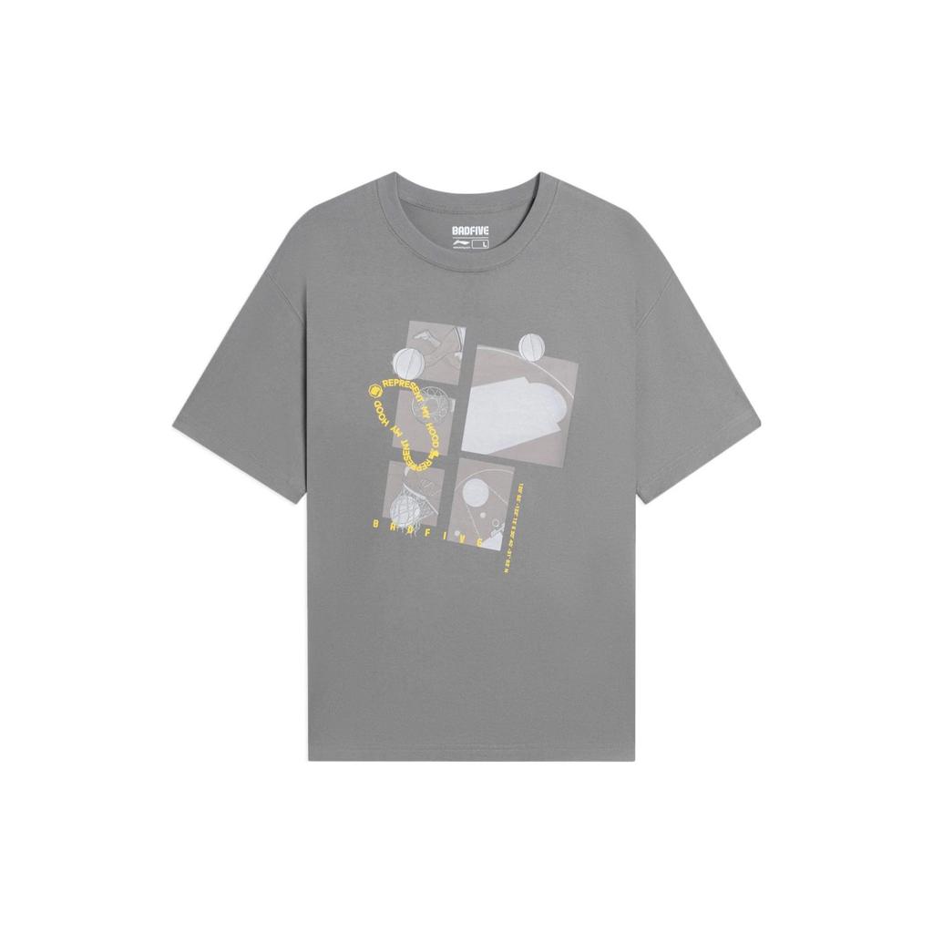 Li Ning Badfive Graphic Print Round Neck Pullover T-Shirt Unisex T-Shirts Iron-Grey AHSSB03-3