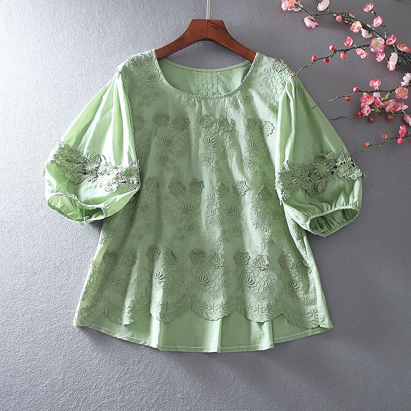 Летний ретро цветочный вышитый топ-бэбидолл с рукавами-фонариками Medium зелёный