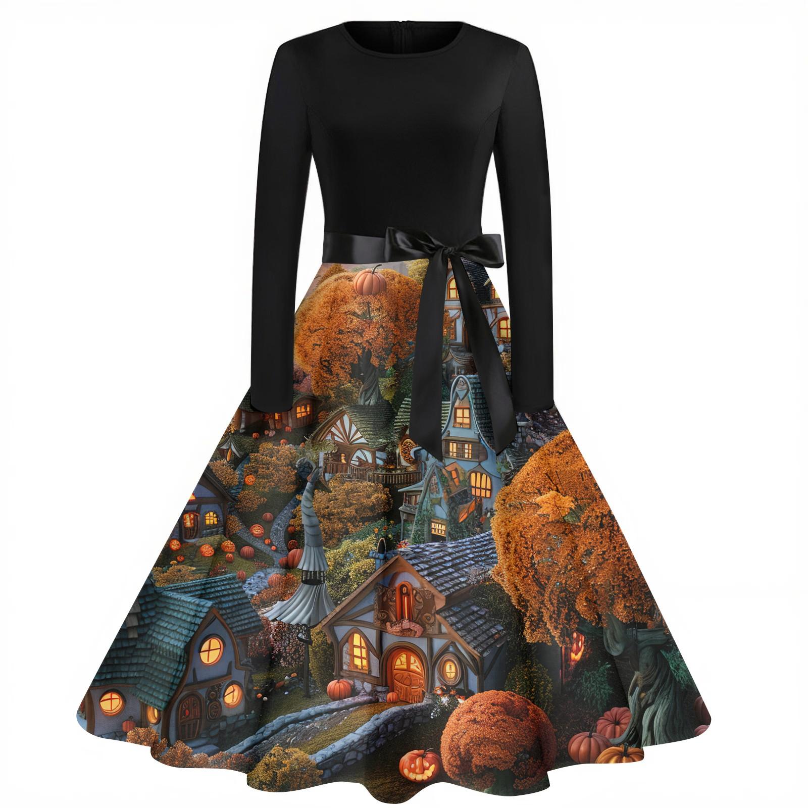 

Женское модное винтажное платье с длинным рукавом и круглым вырезом с принтом на Хэллоуин для вечеринки XXL