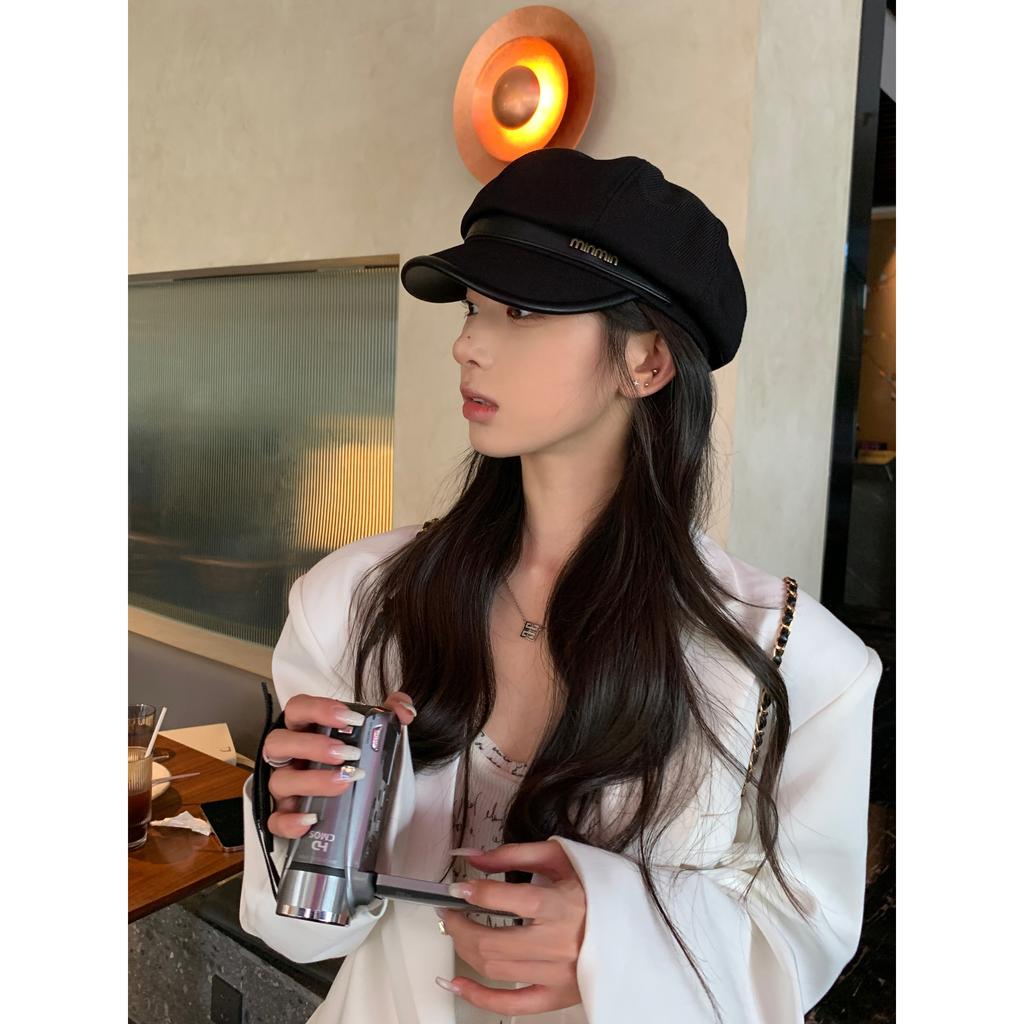 Circonferenza Testa Grande Autunno e Inverno Cappello a Becco d'Anatra Donna Nero Casual Retrò Berretto da Pittore Faccia Piccola Nuvola Ottagonale Cappello Trendy