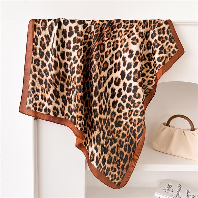 Scarf For Women Spring/Summer Imitation Silk Square Scarf Decoration Bandanna Leopard Print Neckerchief Luxury Headband Hijab