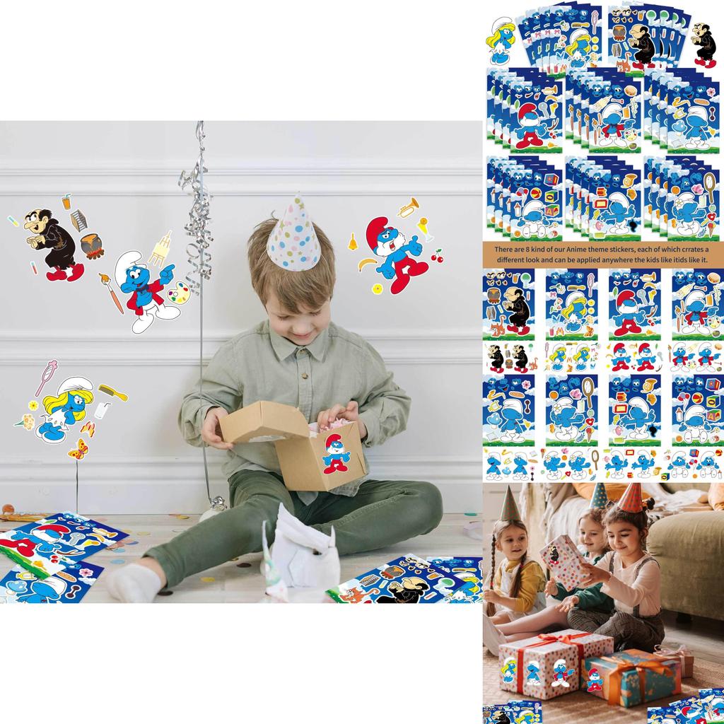 Cm2307023 Cute Cartoon Smurf Themed Interactive Puzzle Diy Sticker Fun Pack