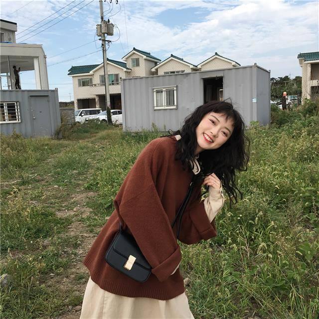 

Pofulove свитер женский свободный носить осень-зима однотонный пуловер с круглым вырезом вязаный XL коричневый